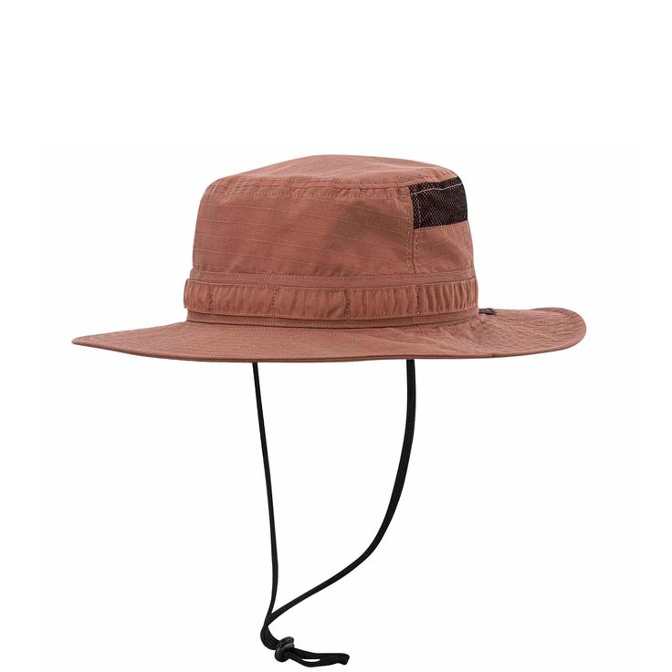 a brown hat with a black string on the brim and an adjustable neckband