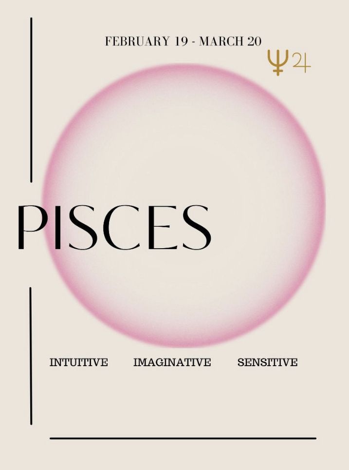 the pisces poster is shown in black and white, with pink circles around it