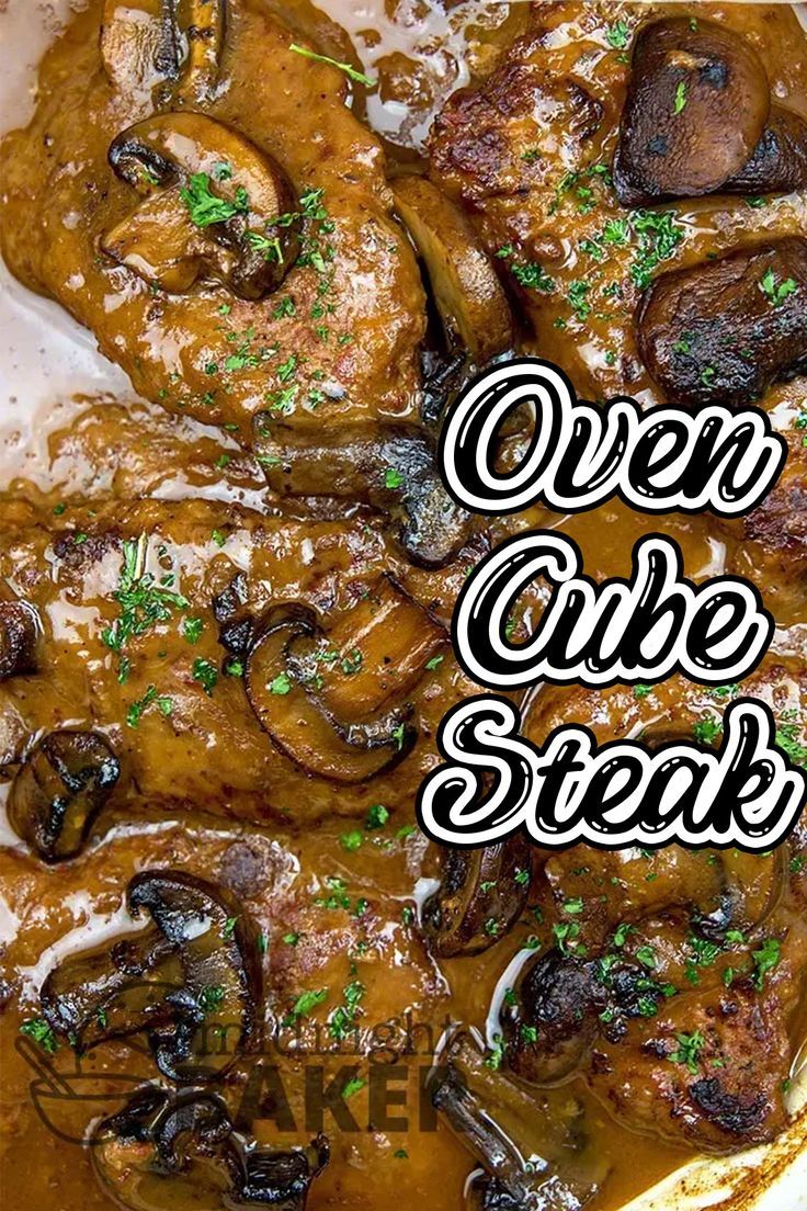 a close up of food in a bowl with the words oven one steak on it