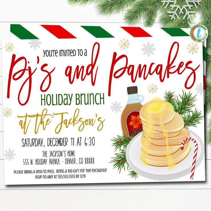 a holiday brunch party with pancakes and syrup