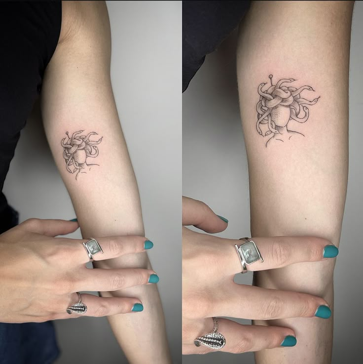 two pictures of hands with tattoos on their arms and one has a flower tattoo on the arm