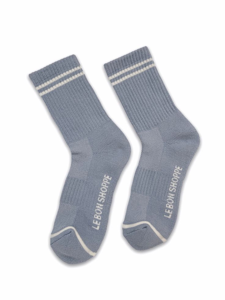 Le Bon Shoppe Boyfriend socks in blue grey. Stay fly all year long in these calf length sports socks. Pair with sneakers or sliders. Perfect for work from home. One size fits most. 85% cotton, 13% polyester, 2% spandex. Fair trade made in Korea. PIPE AND ROW Casual Gray Sports Socks, Blue Winter Sports Socks, Casual Blue Socks For Outdoor, Casual Blue Outdoor Socks, Comfortable Blue Sports Socks, Sporty Blue Socks For Winter, Boyfriend Socks, Sports Socks, Sport Socks