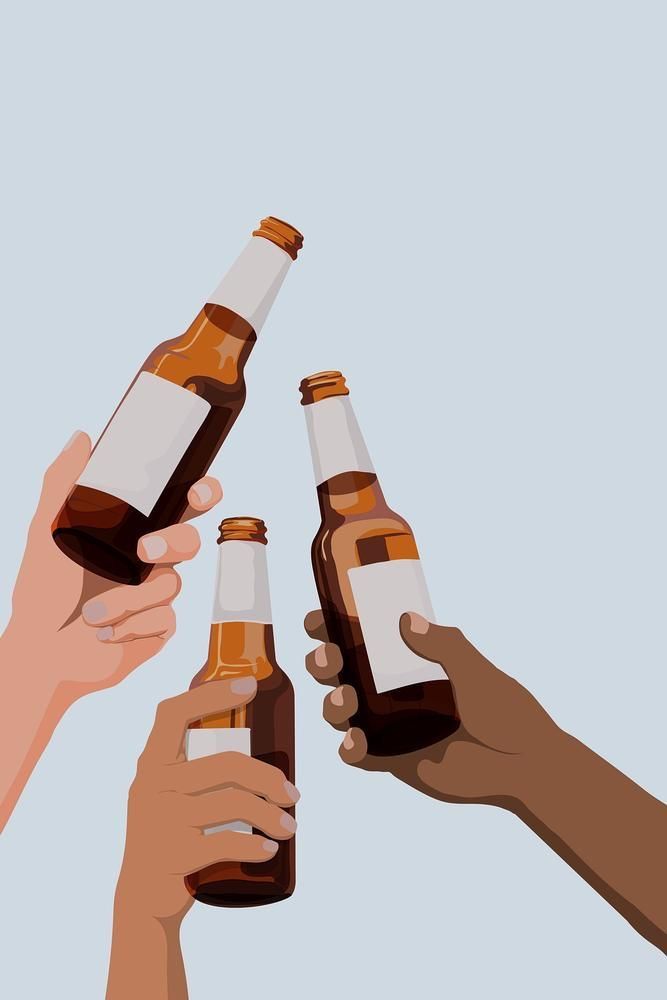 three people holding beer bottles in their hands and reaching for the bottle to be filled with them