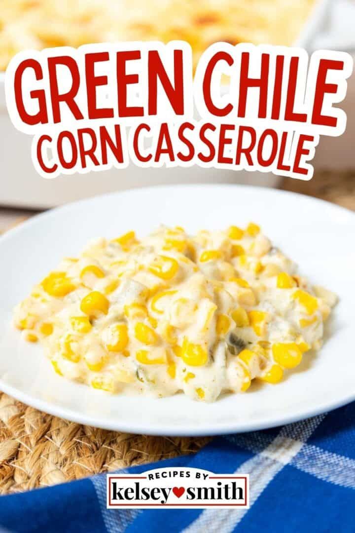 green chile corn casserole on a white plate with blue and white checkered table cloth