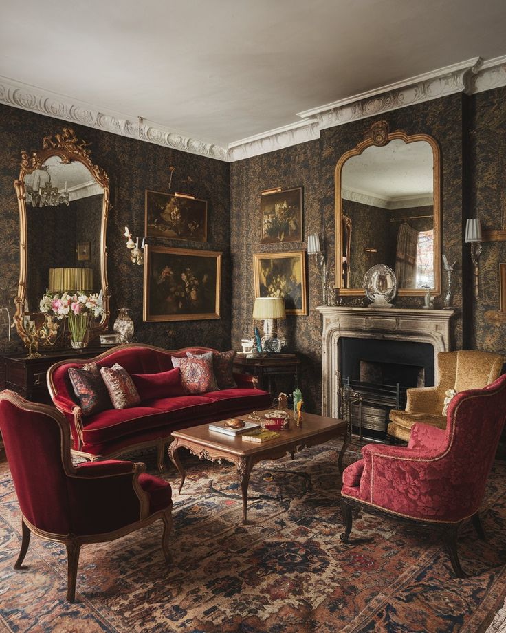 a living room filled with red couches and chairs next to a fire place covered in mirrors