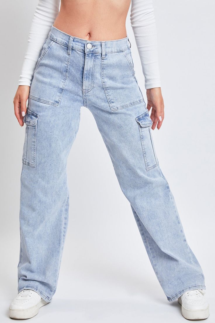 Utilitarian function meets retro design in these super cute Women’s High Rise Straight Leg Cargo Jeans. This stretchy denim jean features vintage-inspired pork chop front pockets, patch back pockets, and flap cargo pockets on either side. Complete with an elastic waistband for a comfortably snatched waist and a straight cut that creates the illusion of longer, leaner legs. Style these cargos with a fitted crop top and sneakers for a trendy streetwear look! Product Details- High-Rise - Zip Fly wi Ymi Jeans, Lean Legs, Trendy Streetwear, L And Light, Cargo Jeans, Light Blue Color, Cute Woman, Medium Blue, Retro Design