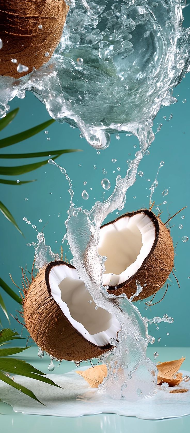 two coconuts are splashing into the water