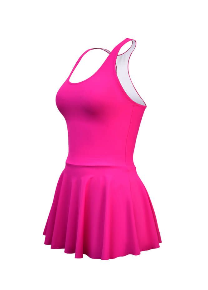 Built in bottoms. Enhance your fitness routine with style and comfort by donning our Skirted Leotard. This versatile activewear combines the best of fashion and function, allowing you to move freely while maintaining a chic appearance.Crafted with 85% Nylon, 15% Spandex, this fitness leotard offers both durability and comfort. It's designed to withstand your most intense workouts while keeping you comfortable. Whether you're hitting the gym, practicing your dance routine, or enjoying outdoor act Fitted Leotard With Built-in Bra For Yoga, Fitted Racerback Tennis Dress, Pink Sleeveless Sporty Tennis Dress, Sporty Sleeveless Pink Tennis Dress, Fitted Racerback Tennis Dress For Sports, Summer High-stretch Dancewear Leotard, High Stretch Leotard For Swimming, Sleeveless Micro-elastic Leotard, Fitted Pink Tennis Dress For Sports