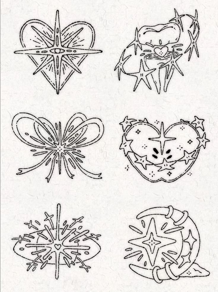 four different types of snowflakes are shown in black and white ink on paper