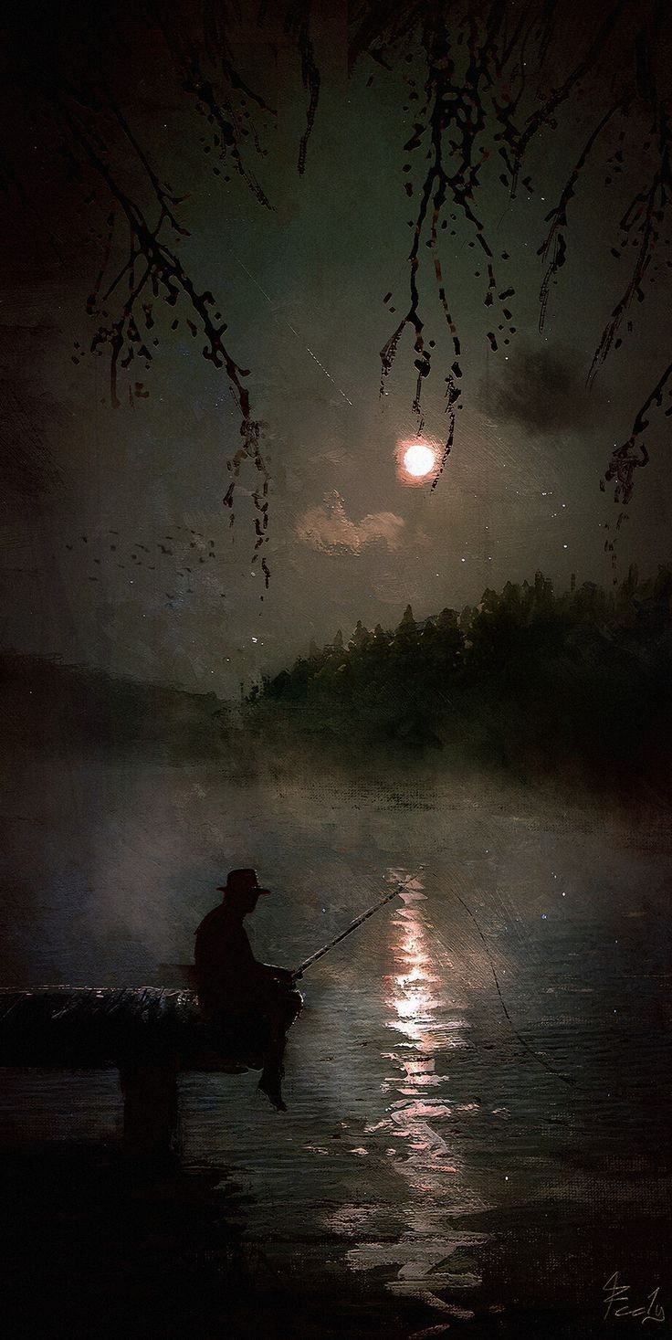 a man sitting on a boat fishing at night with the moon in the sky behind him