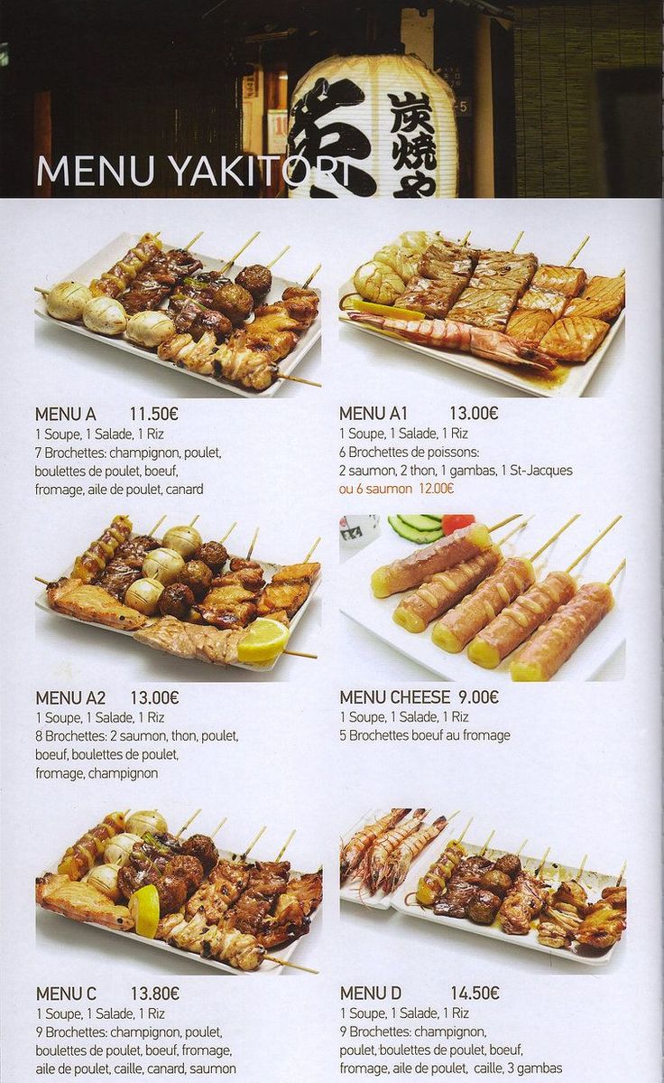 Yakitori Menu | Menu Yakitori Sushi Menu, Sushi Maker, Food On Sticks, Japanese Street Food, Bistro Food, Asian Street Food, Food Infographic, Food Menu Design, Home Restaurant