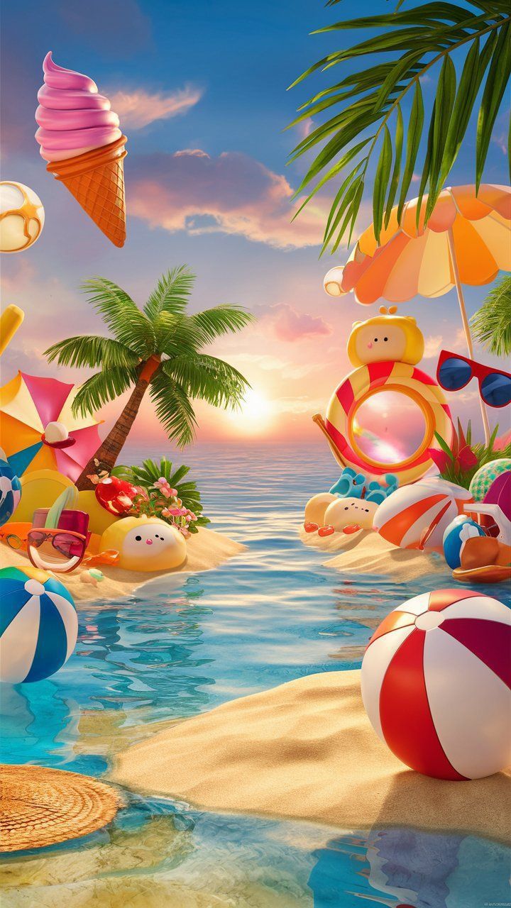 an image of beach balls and umbrellas floating in the water