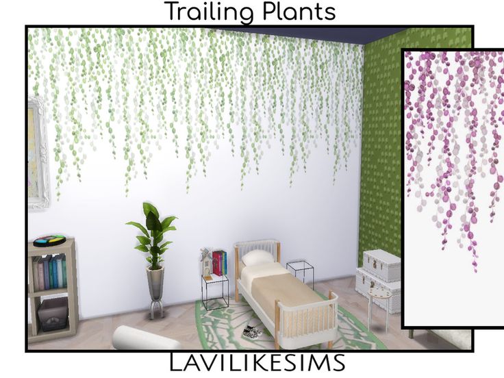 there is a room with plants growing on the wall and in the floor, two walls are decorated with purple flowers