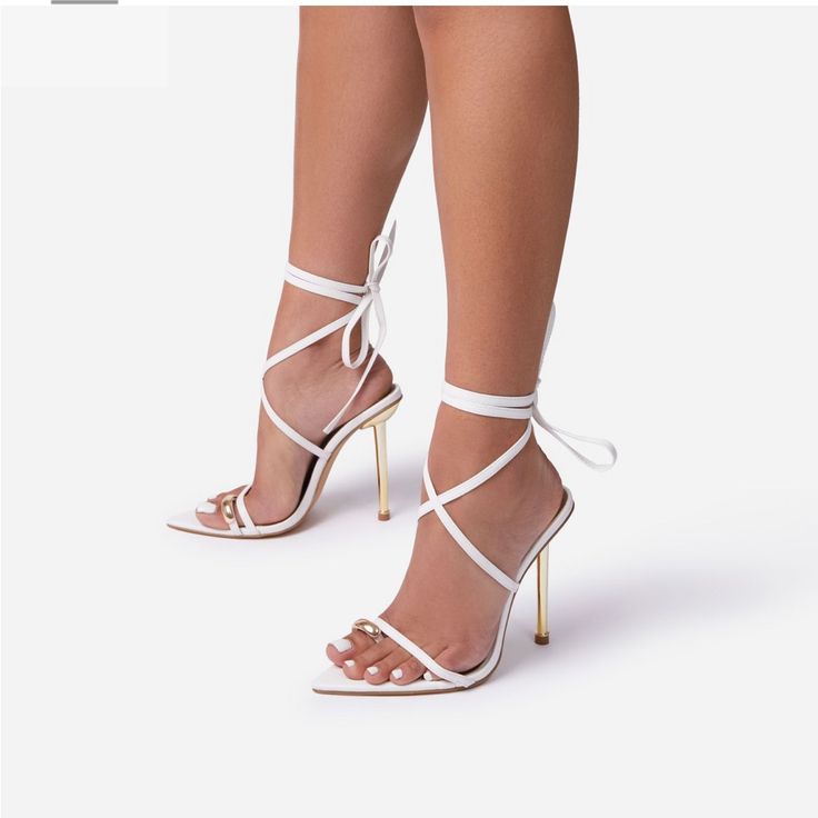 Only Worn To Fry On! White Strappy Heels With 4-inch Heel, White Fitted Heels For Summer, Summer White Fitted Heels, Fitted White Summer Heels, White Pointed Toe Sandals For Spring, White Strappy Sandals With Wrapped Heel, Summer White Heels With Pointed Toe, Chic Fitted White Sandals, Chic White Fitted Sandals