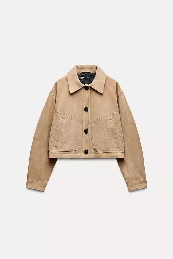 100% LEATHER CROPPED JACKET - Beige | ZARA United States Cargo Shirts, Pretty Blouses, Tshirt Skirt, Cropped Jacket, Sweaters Knitwear, T Shirt Vest, Leather Jackets Women, Suede Jacket, Trouser Jeans