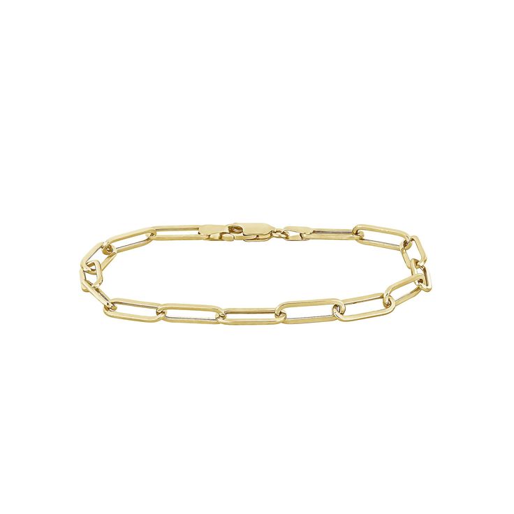 This paper clip chain bracelet is the perfect addition to your classy style. This paper clip chain bracelet is the perfect addition to your classy style. Nickel free Metal: 14k gold Length: 9 in. Width: 4.3 mm Packaging: boxed Plating: 14k gold Finish: polished Chain type: link Please note, due to the high value of this item, a signature may be required upon delivery. Size: 9". Gender: male. Age Group: adult. 14k Gold Rectangular Paperclip Chain Bracelet, Modern Link Chain Bracelet For Formal Occasions, Classic Link Chain Bracelet With Cable Chain, Classic Link Cable Chain Bracelet, Classic Cable Link Chain Bracelet, Luxury Paperclip Chain Bracelet, Luxury Paperclip Bracelet With Oval Link For Everyday, Formal Gold Chain Paperclip Bracelet With Rectangular Links, Classic Gold Cable Chain Bracelet