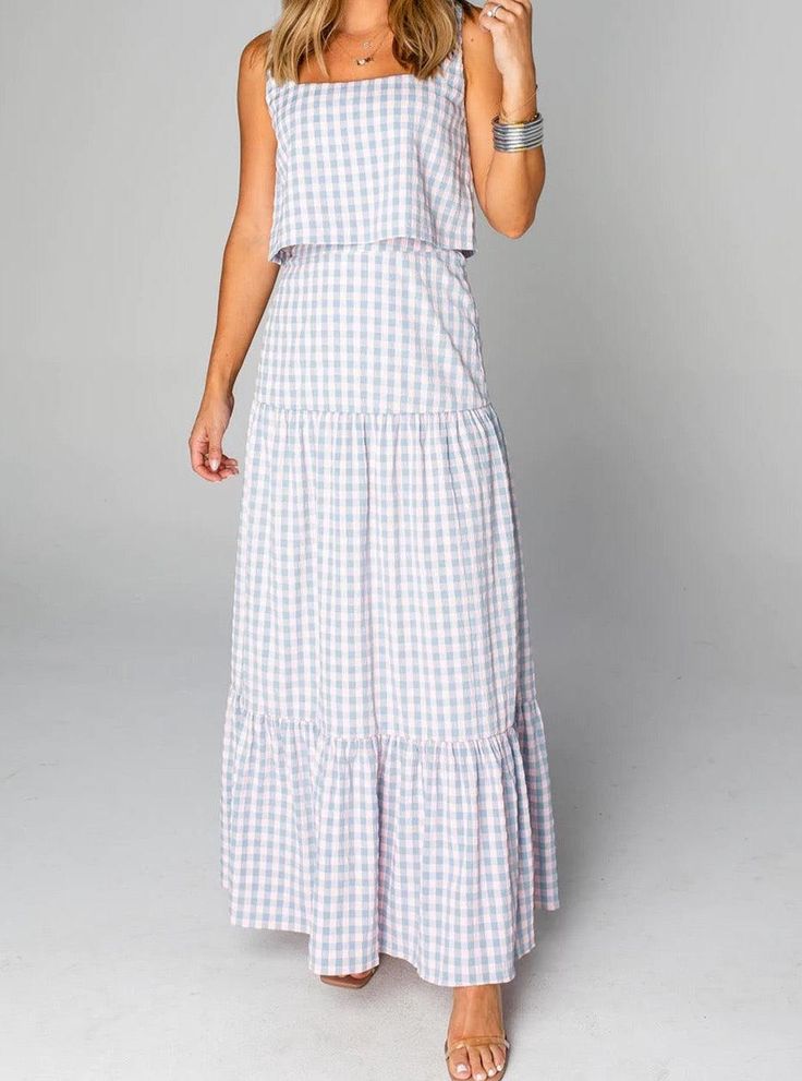 BUDDY LOVE BLUE GINGHAM MAXI SET - LUDIC SOUL Summer Gender Reveal, Gingham Crop Top, Boho Womens Clothing, Buddy Love, Gingham Skirt, Boho Romper, Top Hits, Pink Gingham, Blue Gingham