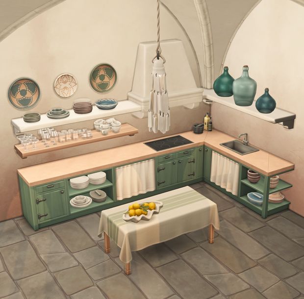 a painting of a kitchen with green cabinets