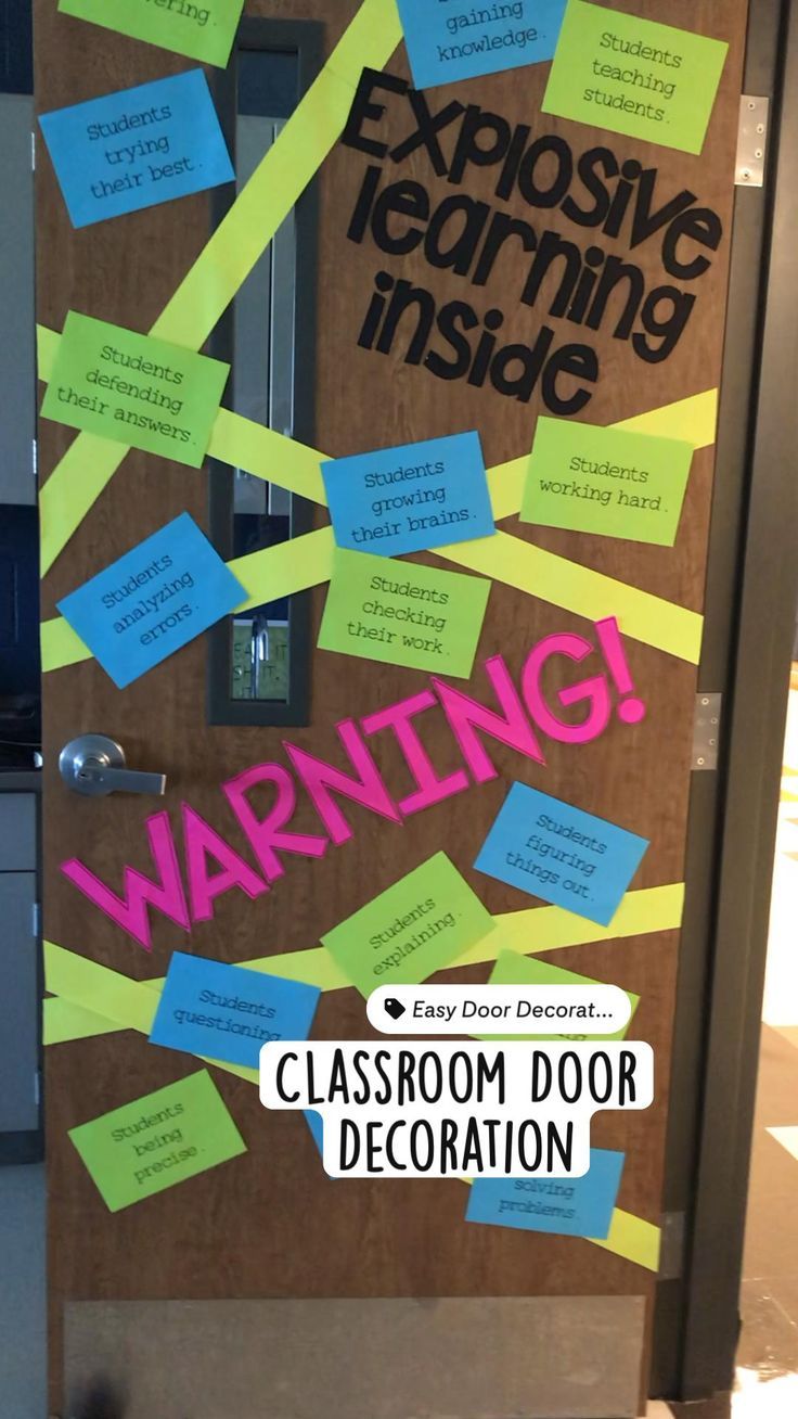 a door decorated with post - it notes and writing that says, explosive learning inside