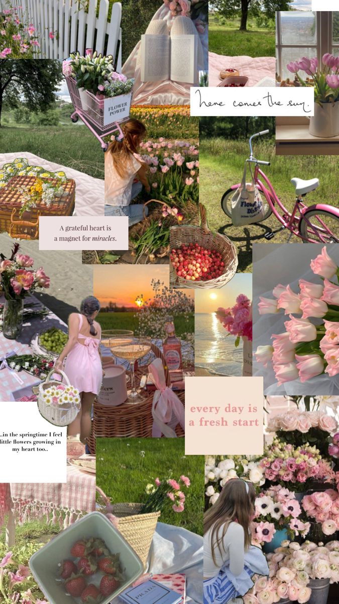 a collage of photos with flowers and people in the background, including pink roses