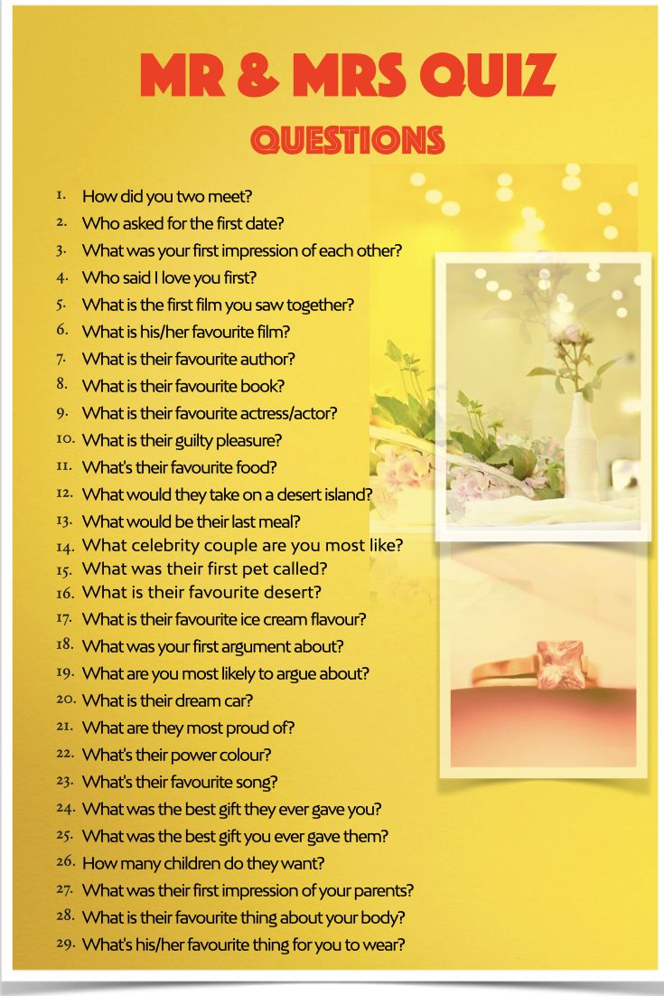 a yellow poster with the words mr and mrs quiz questions on it's side