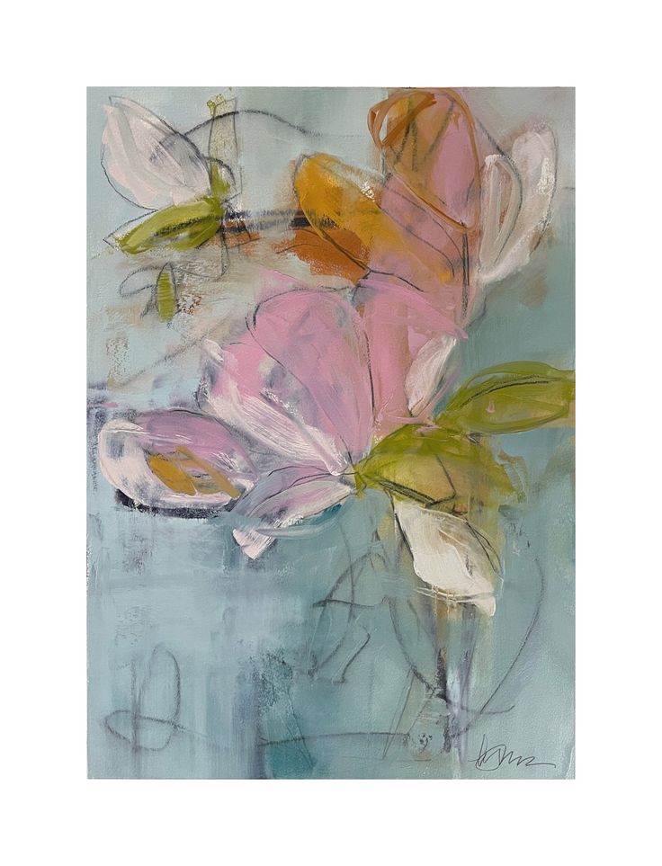 an abstract painting of pink flowers in a vase