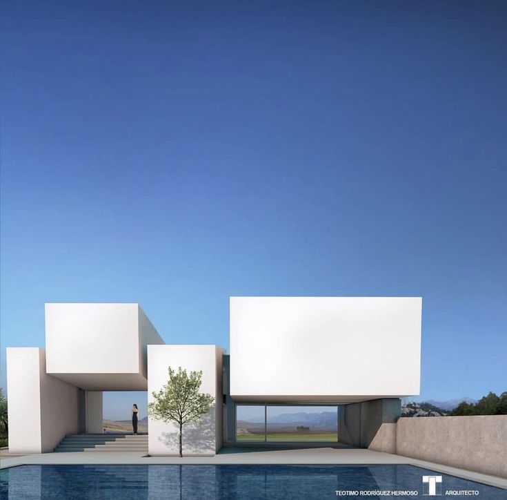 an artist's rendering of the exterior of a modern house with swimming pool and trees