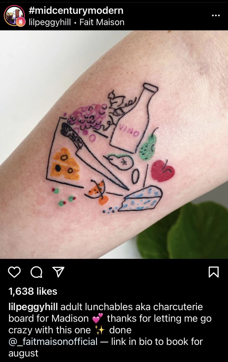 the tattoo on this woman's arm has been drawn with different colors and shapes