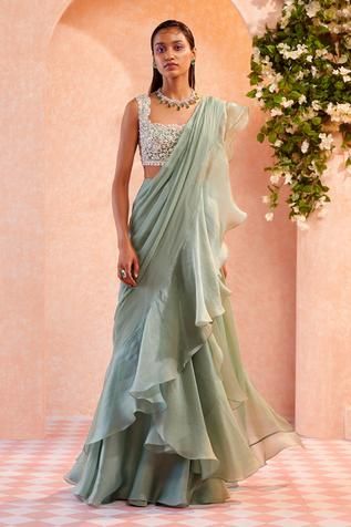 Shop for Ridhi Mehra Green Net Skyla Draped Ruffle Saree With Blouse for Women Online at Aza Fashions Ruffled Saree, Green Sari, Ridhi Mehra, Ruffle Saree, Drape Saree, Saree Designs Party Wear, Jennifer Winget, Party Wear Indian Dresses, Dress Indian Style