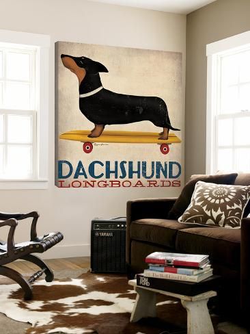 a living room filled with furniture and a dog on top of a sign that says dachshund