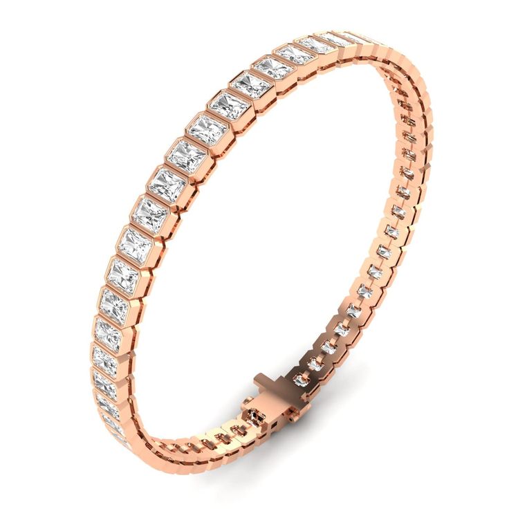 The bezel set shaped diamond tennis bracelet is handcrafted in 14K or 18K yellow, rose, or white gold, and round, brilliant-cut white diamonds. A beautiful bracelet with timeless appeal that can be worn anywhere. It makes the perfect gift for yourself or someone you love, because diamonds are always forever. 14K & 18K gold 7.70 cts radiant cut diamonds 48 diamonds D-E-F color white diamonds 11.78 grams gold Diamond clarity is VVS-VS Secure insert clasp with safety link for safety, diamonds conti Luxury Rose Gold Channel Set Jewelry, Luxury Rose Gold Jewelry With Channel Set, Rose Gold Diamond Bracelet With Bezel Setting For Anniversary, Rose Gold Diamond Bracelet With Bezel Setting, Rose Gold Tennis Bracelet With Single Cut Diamonds, Rose Gold Bezel Set Bracelets For Wedding, Rose Gold Wedding Bracelet With Bezel Setting, Bezel Set Earrings, Signature Bracelet