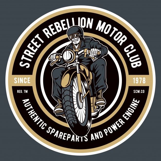 the logo for street rellion motor club, with a man on a motorcycle