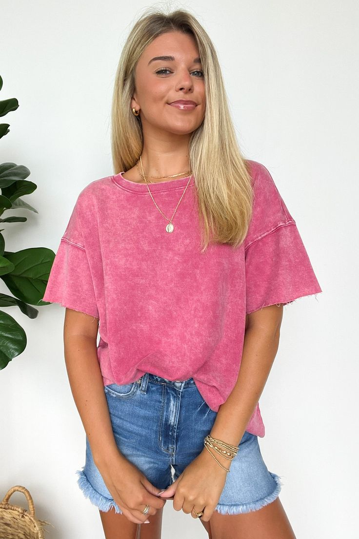 Details: Introducing the Serene Escapes Acid Wash Relaxed Fit Top! Made with acid wash French terry fabric for a unique textured look. Drop shoulders and raw edge detailing give this top a relaxed, effortless style. Perfect for those who like their fashion with a touch of edge. - Short sleeves - Relaxed fit Content: 100% Cotton Size + Fit: Model is 5'8" and wearing a SM - Measurements from a size SM are approx - Full length: 26" - Chest: 48" - Waist: 48" - Sleeves: 11" - Measurements from a size Short Sleeve Summer Outfits, Fall Wishlist, Fit Inspired, Spade Necklace, Drop Shoulder Top, Dressy Casual Outfits, Beige Shirt, Dance Video