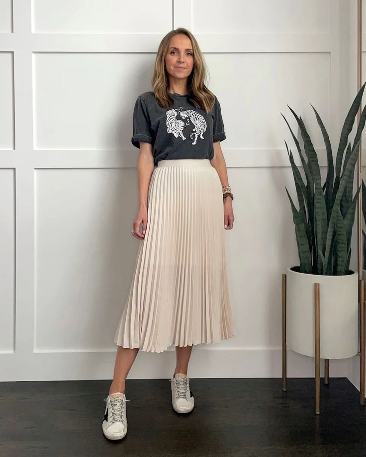 4 Ways to Wear Sneakers With Skirts - Merrick's Art Tennis Shoes With Skirts Outfit, Skirts Outfits With Sneakers, Dressed Up Outfits With Sneakers, Work Wear Sneakers, Long Skirt With Tennis Shoes, Maxi Skirts With Sneakers, Skirts With T Shirts, Shoes To Wear With Maxi Skirt, Skirt And Trainers Outfits