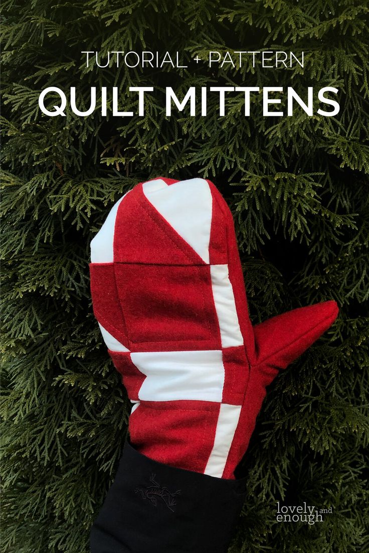 a red and white mitten laying on top of a green tree with the words,'pattern quilt mittens '