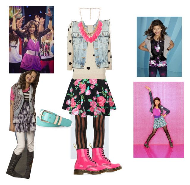 a collage of photos with clothing and accessories including boots, jeans jacket, top, skirt