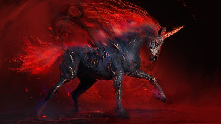 a digital painting of a black and red unicorn