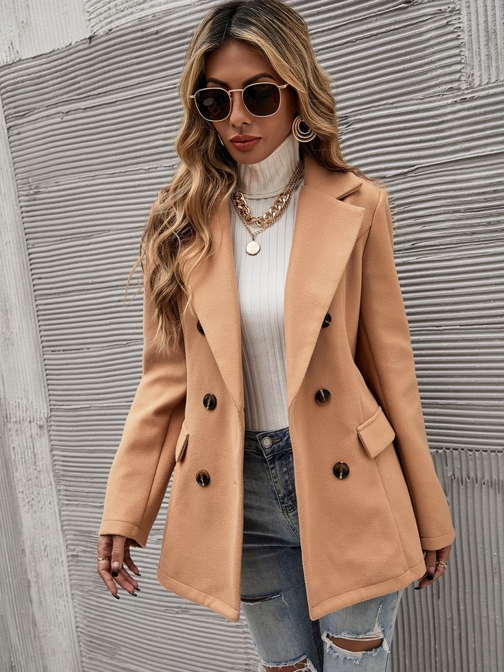 Khaki Elegant  Long Sleeve Wool-Like Fabric Plain Regular Embellished Non-Stretch Fall/Winter Women Outerwear Double Breasted Overcoat, Blazer Casual, Casual Chique, Long Sleeve Outerwear, Women Overcoat, Khaki Fashion, Suede Coat, Casual Blazer, Trendy Fashion Women