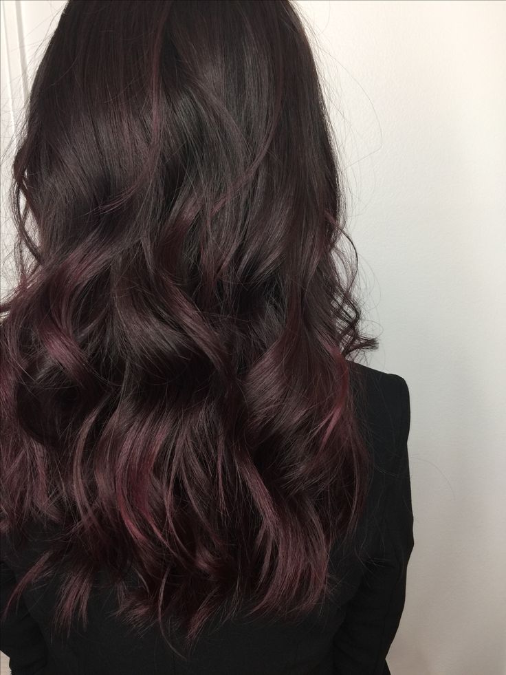 Dark Red Hair Almost Black, Cherry Red Lowlights, Subtle Hair Color For Black Hair, Dark Brown Red Highlights, Dark Cherry Balayage, Black Hair With Red Undertones, Deep Violet Hair Color, Dark Brown Hair With Red Tint, Cherry Black Hair Color