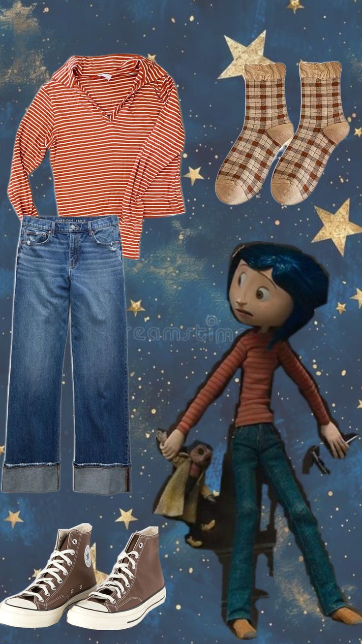 an image of clothes and shoes for dolls with stars in the sky behind them on a blue background