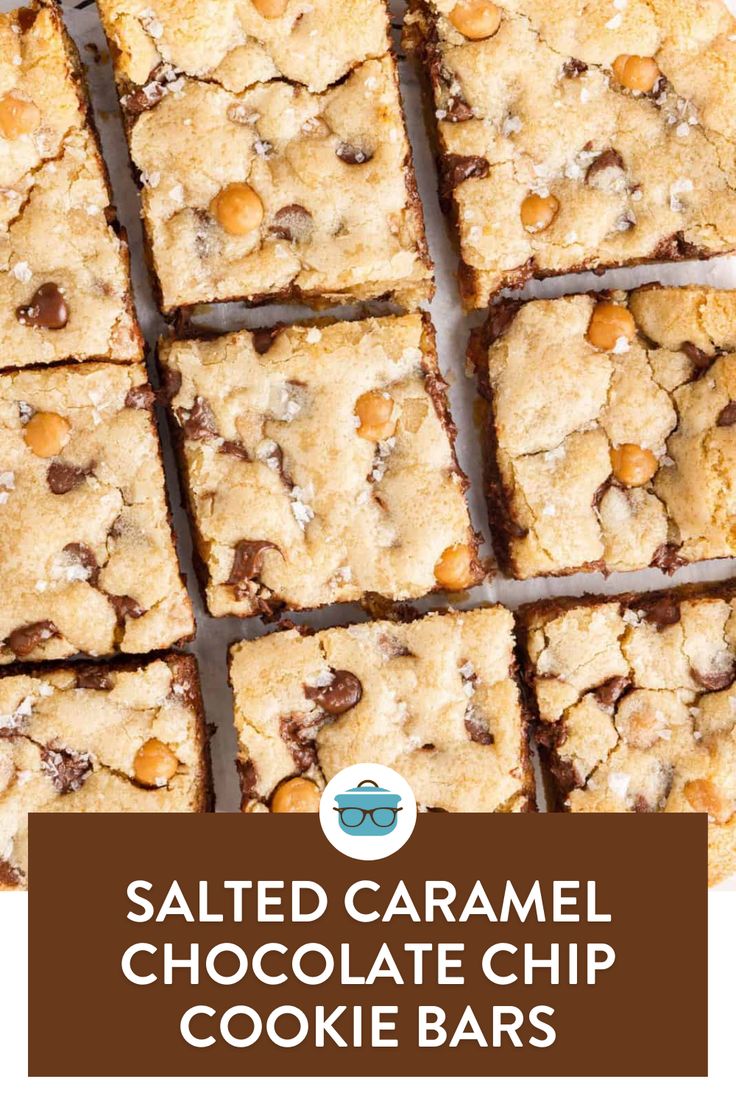 salted caramel chocolate chip cookie bars with text overlay