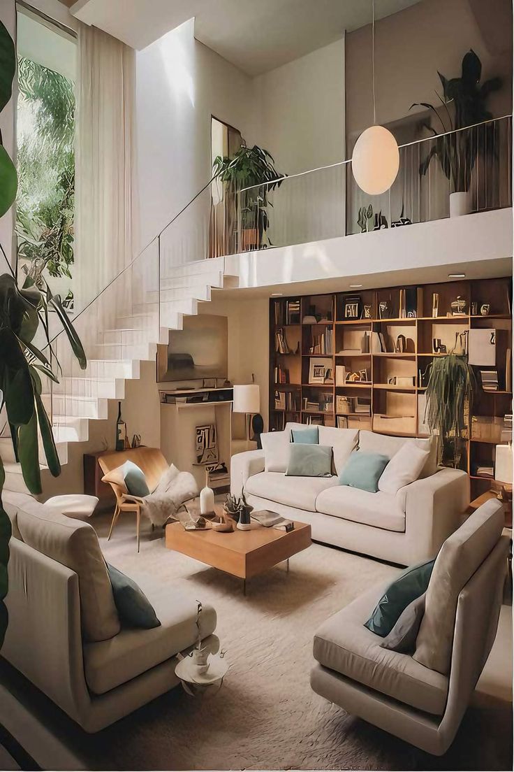 a living room filled with furniture next to a stair case