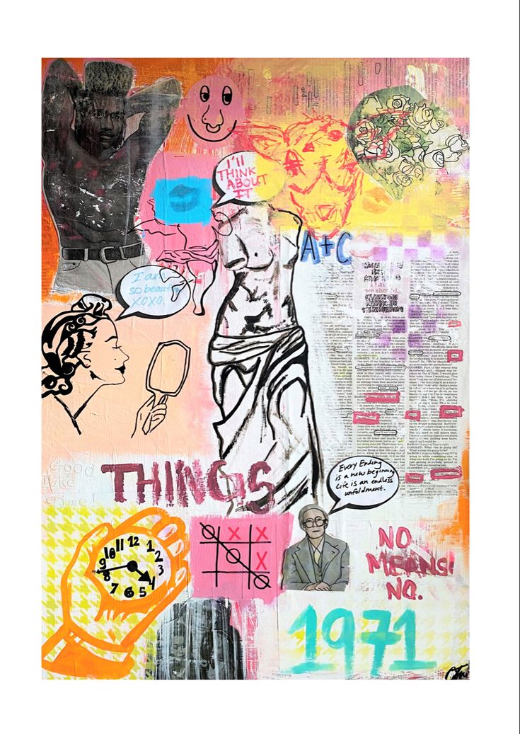 a collage of various images and words on paper