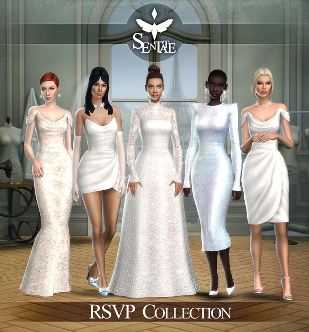 four women in white dresses standing next to each other on a wooden floor with the caption rsvp collection