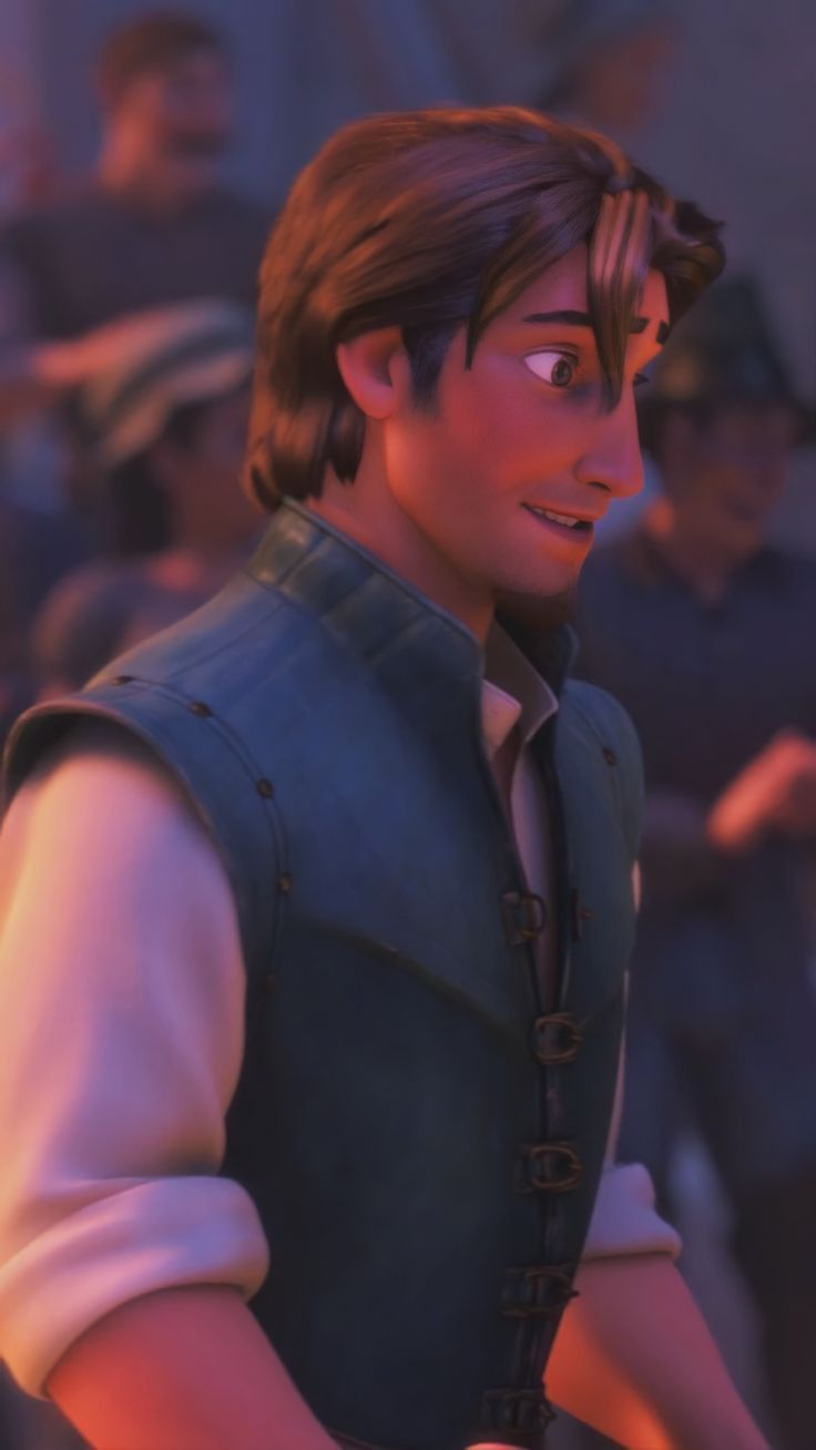 an animated man with long hair and vest standing in front of other men wearing uniforms