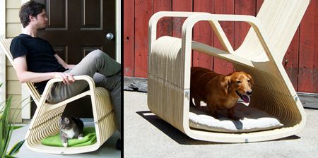 a man sitting in a chair with a dog on it and a cat standing next to him