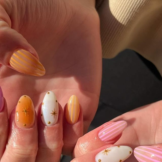 JENNA KELLY | Utah Nail Artist on Instagram: "the BEST nail sets are the ones you throw together & end up turning out to be your FAV ! 🩷⭐️✴️✨  @kenncarn I swear everytime we do your nails, we say “okay this is my favorite set we’ve done” hehe ily  @haha_nails_products fruit loop cuticle oil   #blushbeautyandco #utahnails #utahnailtech #ogdennails #ogdennailtech #nailinspiration #nailinspo #nailinstagram #boycottboringnails #auranails #starnails #stripednails #stripednailart #summernails #summernailart #springnails #hardgelnails #luminarynails #naturalnailsonly #nailart #nailartaddict #nailartclub #nailartdesign #handpaintednails #pinknails #orangenails #trendingnails #trendingnailart" Jenna Kelly, Nail Kawaii, Nails Products, Hard Gel Nails, Nail Art Stripes, Hello Nails, Hippie Nails, Fall Acrylic Nails, Nail Sets