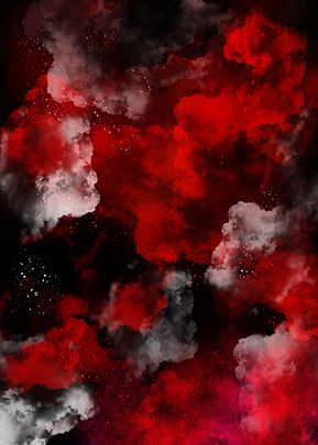 red and white clouds floating in the air with stars above them on a black background