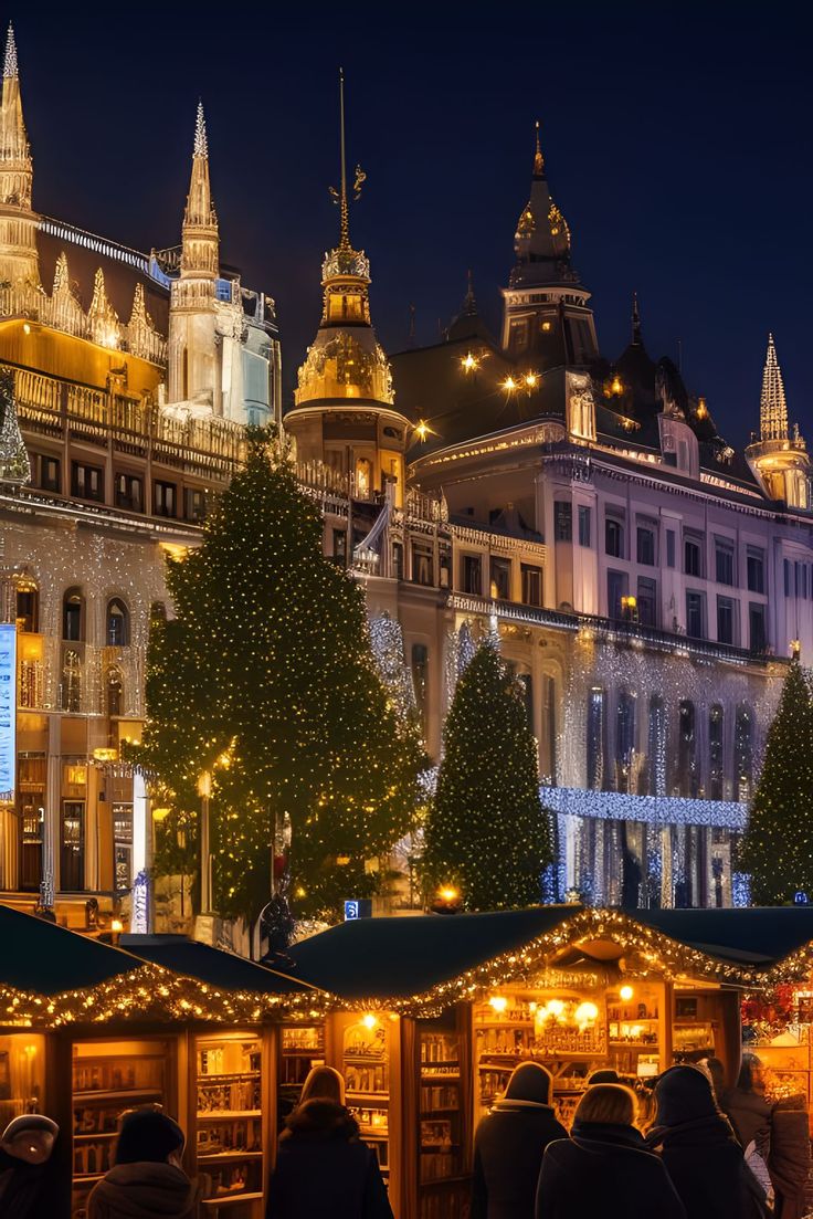 people are standing in front of christmas lights on the street and buildings behind them at night