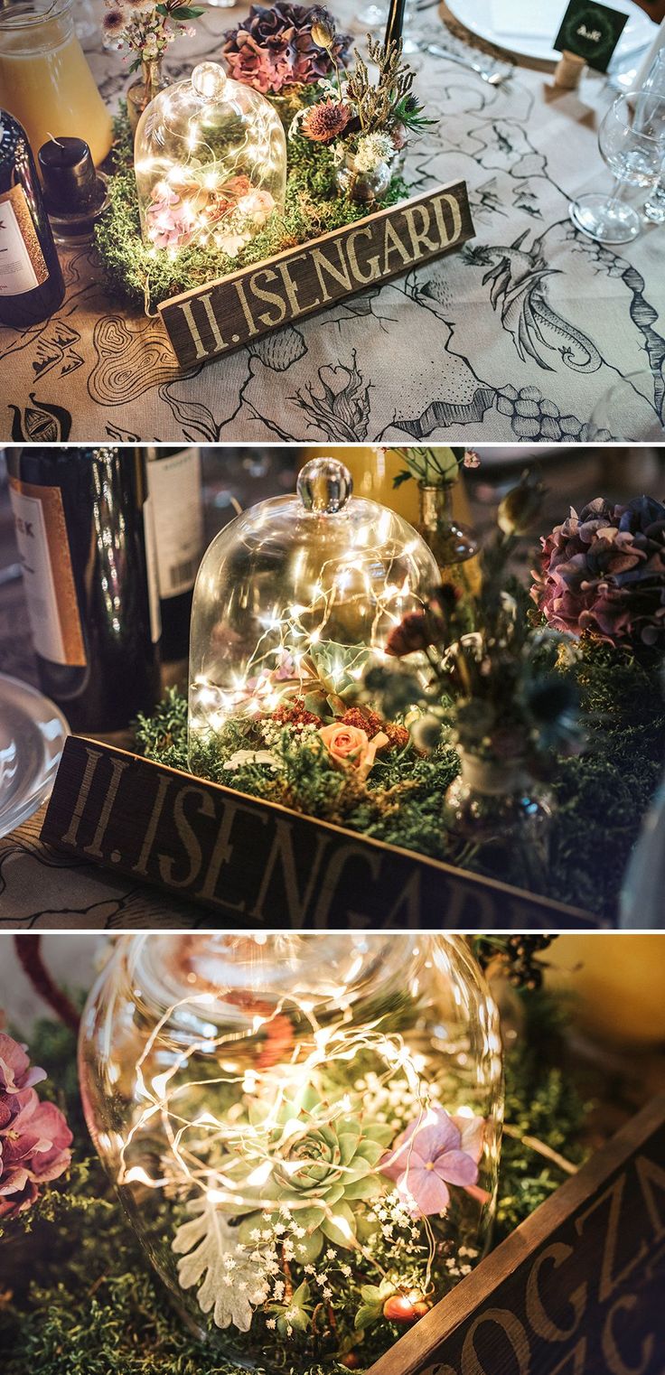 three different pictures of flowers and plants in glass vases on a table with candles